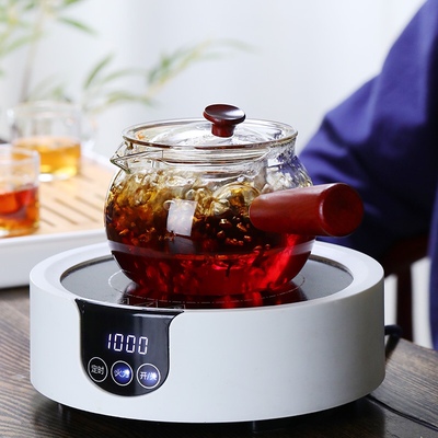 侧把玻璃茶壶木把加厚耐高温功夫茶具透明过滤家用耐热木柄煮茶器