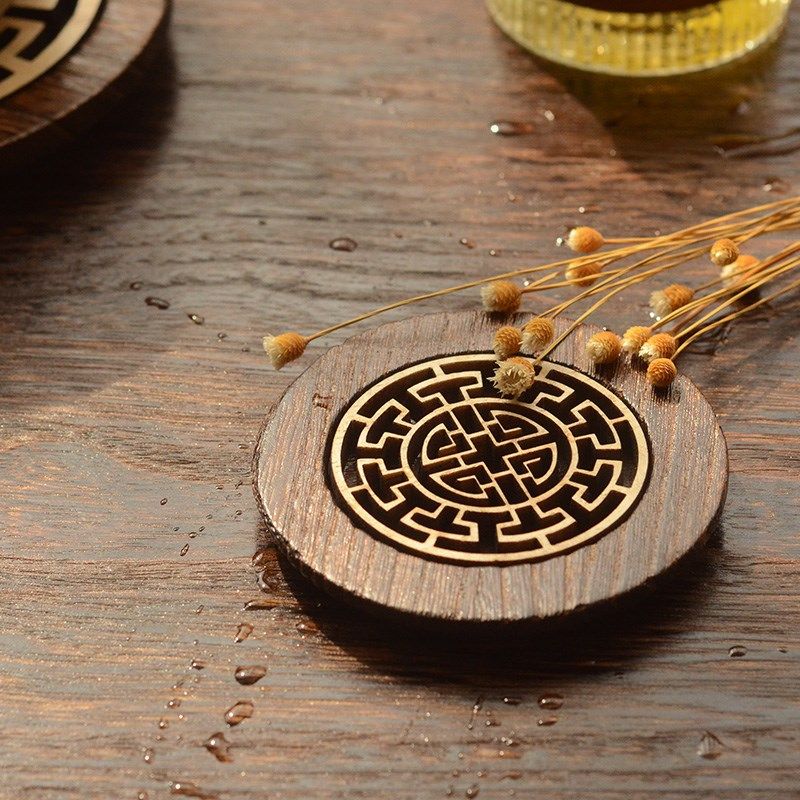 实木茶道暖杯垫日式家用圆形镂空雕花茶托木制壶承隔热茶具杯垫子