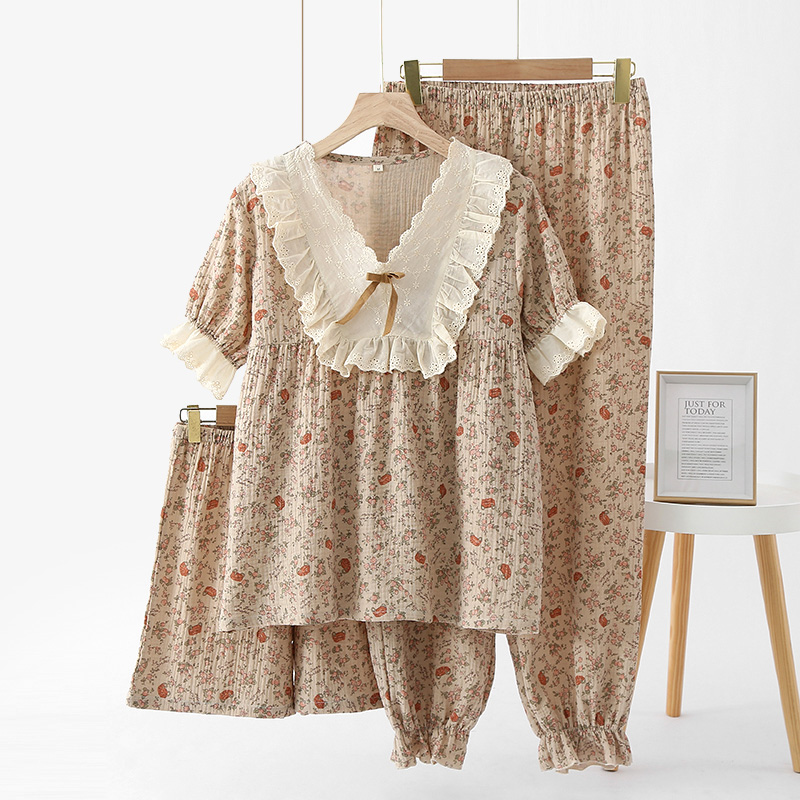 可外穿三件套装睡衣女夏天季新款家居服纯棉短袖短裤长裤碎花花边