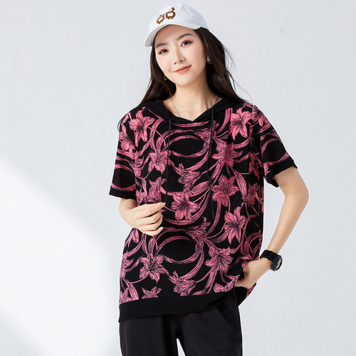 大码女装夏装胖mm宽松显瘦连帽上衣200斤胖妹妹洋气时尚短袖T恤衫