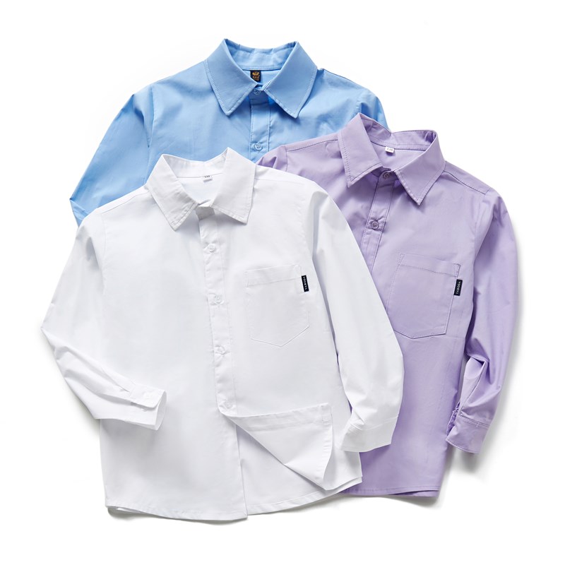 儿童纯棉长袖白色衬衫男童短袖中大童校服全棉衬衣小学生表演上衣