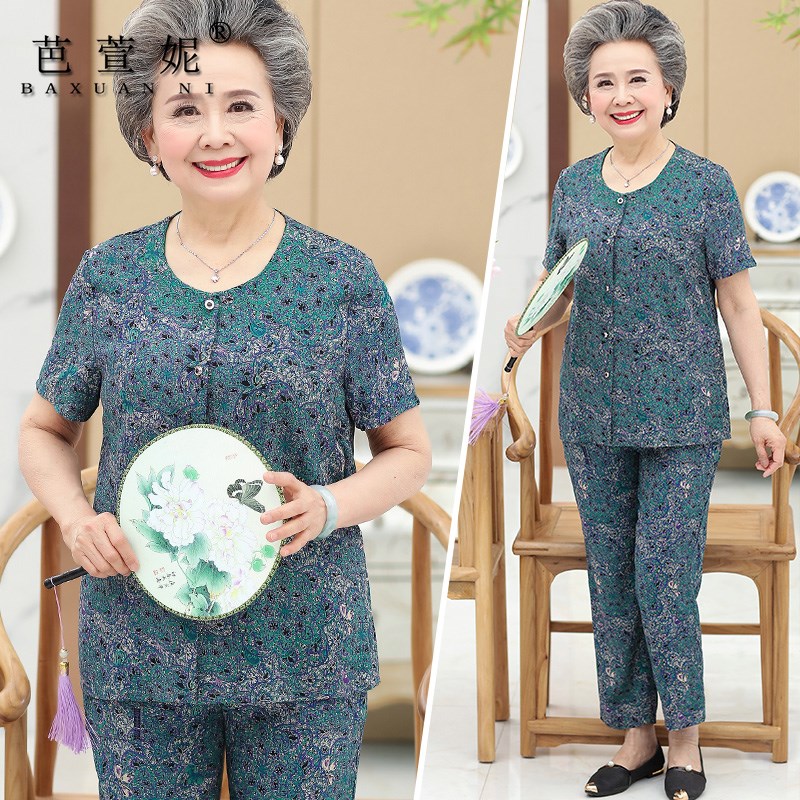 中老年人女装棉绸套装50岁60妈妈夏装两件套70奶奶装全棉短袖衬衫