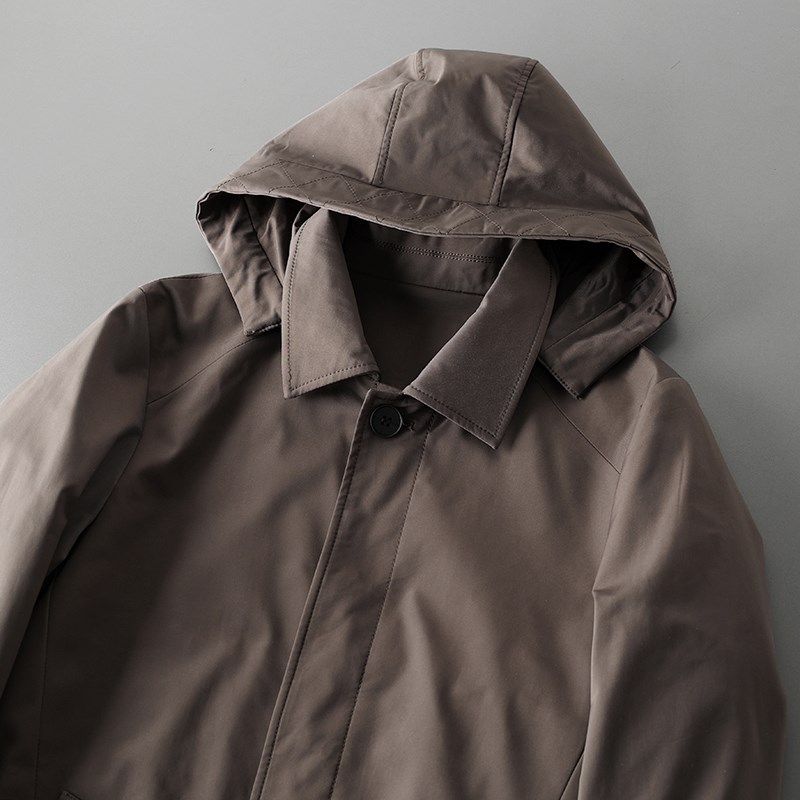 简约利落英伦风秋冬新款 防风防水中长款连帽薄夹棉风衣外套男潮