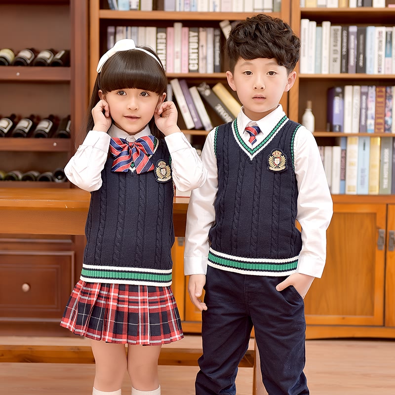 幼儿园园服团购春秋款全棉毛衣背心马甲英伦学院风小学生校服套装