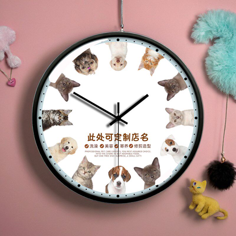 宠物店创意装饰定制挂钟表动物医院客厅石英儿童卧室房小猫狗墙钟