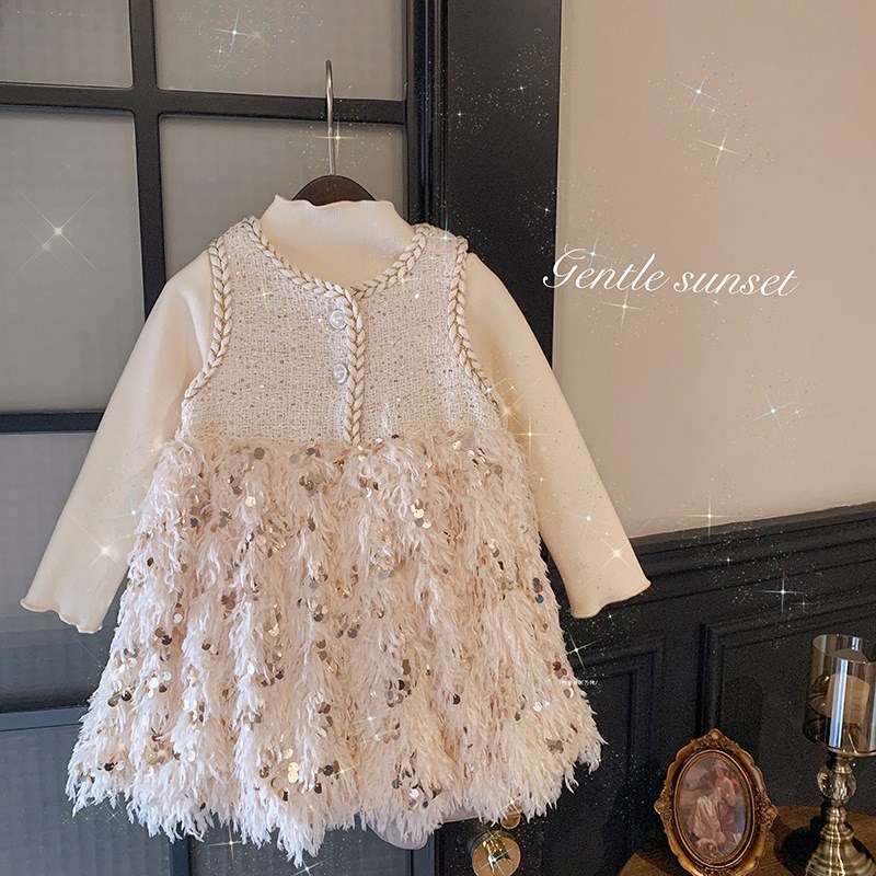 冬季童装女童连衣裙儿童礼服加绒公主裙亮片闪闪汉服裙子过年衣服