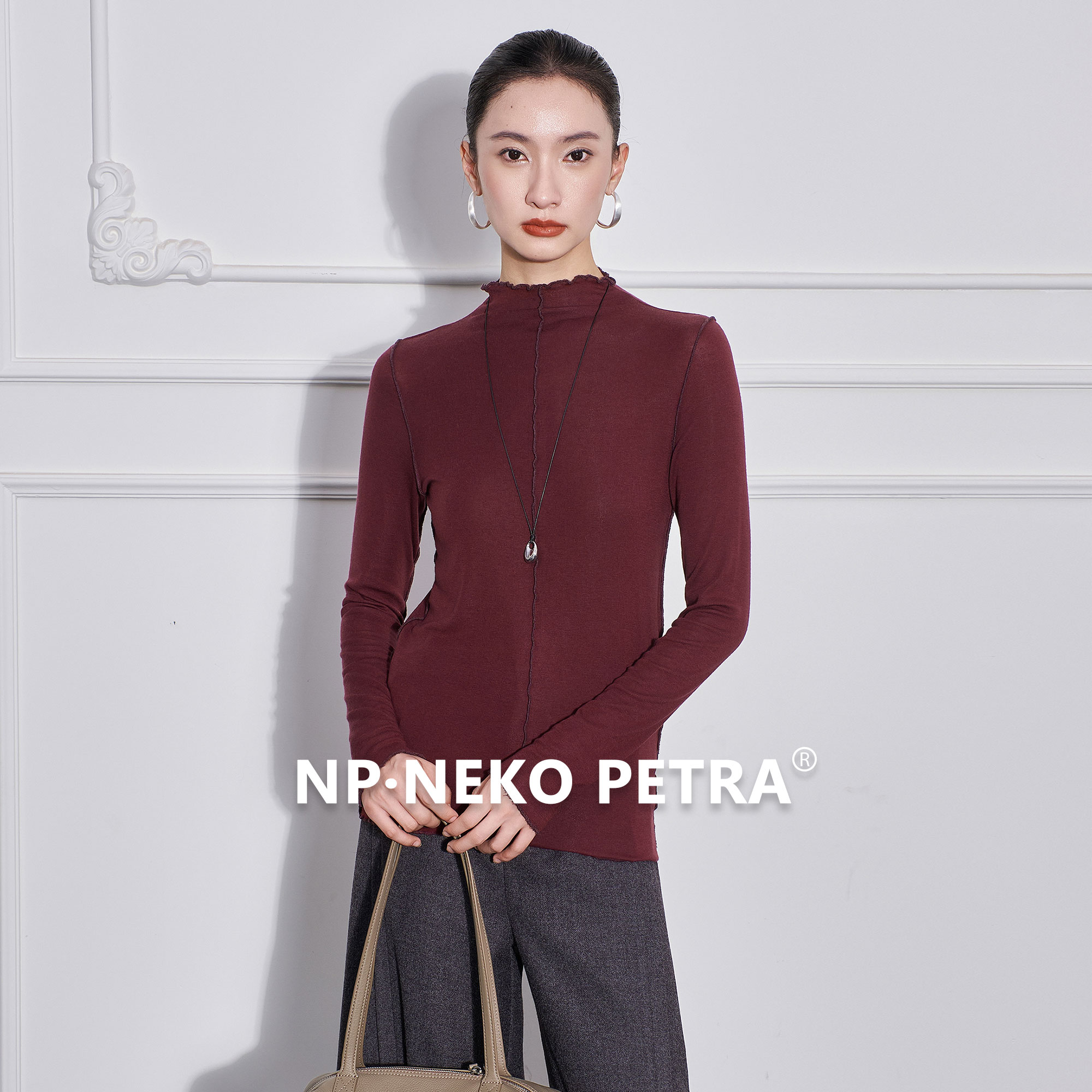 Neko Petra羊毛天丝木耳边半高领安可拉红色针织衫女秋修身打底衫