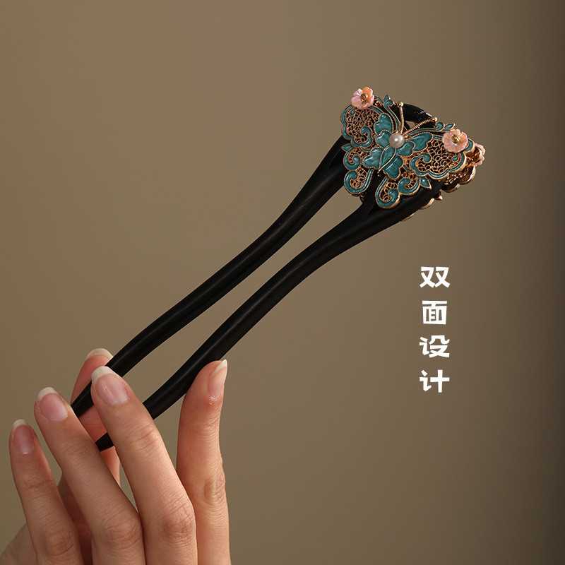 u型黑檀木发簪女古风小众簪子日常盘发双钗旗袍发饰新中式头饰簪