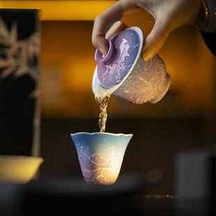 玉泥有田烧手绘鲸鱼盖碗功夫茶具梦幻渐变紫手绘家用泡茶碗