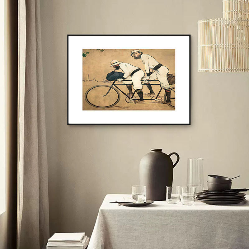 小众艺术复古装饰画卡萨斯自行车客厅书房摆件人物棕色挂画办公室