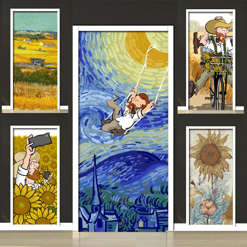 梵高星空油画名画门贴纸木门翻新自粘整张宿舍玻璃移门衣柜贴画