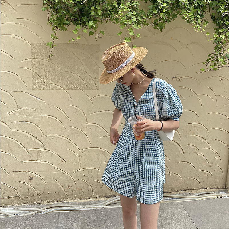 2022夏季新款高级感小个子格子连体短裤女气质时尚连身裤连体衣潮