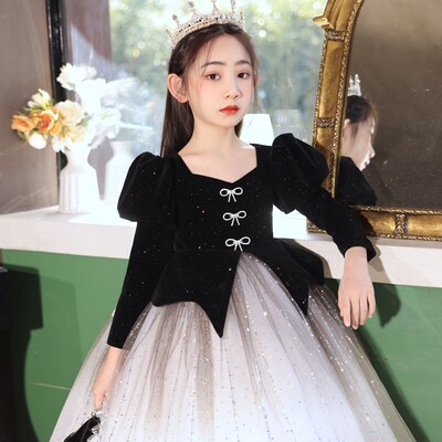 黑色礼服女童轻奢小众高端主持人钢琴演奏冬季2023新款儿童公主裙