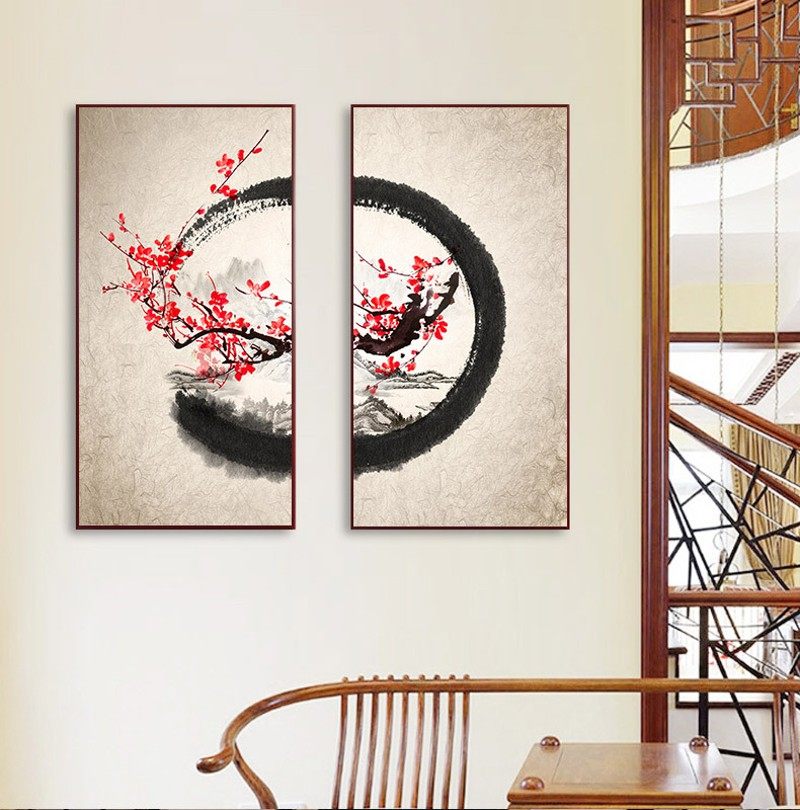 水墨梅花新中式客厅装饰画红色圆圈国画玄关中国风禅意水墨挂画