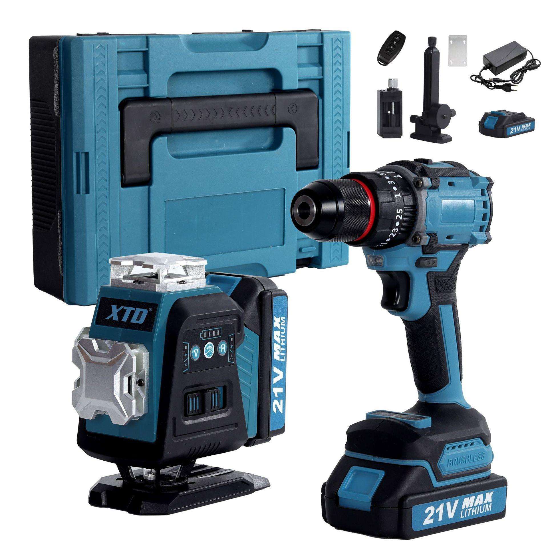 21V多功能冲击钻 带快换钻夹头 水平仪 组合装 套装