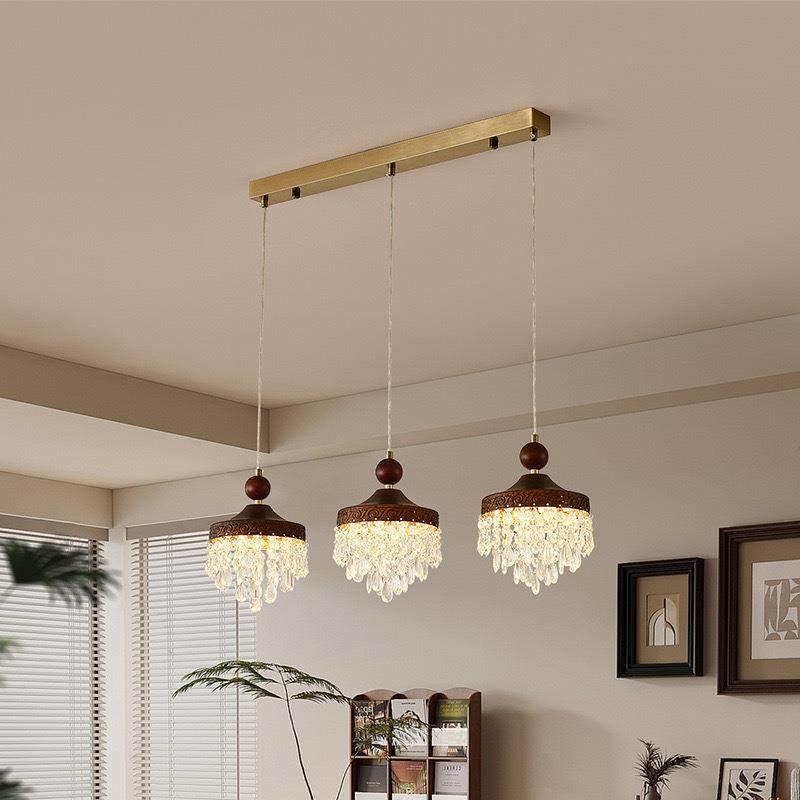 中古风餐厅水晶吊灯复古风护眼胡桃木纹全光谱创意餐桌吧台长吊灯