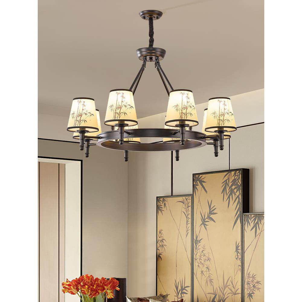 新中式客厅吊灯宋代美学圆形胡桃木彩绘竹叶山水风餐厅卧室茶室灯