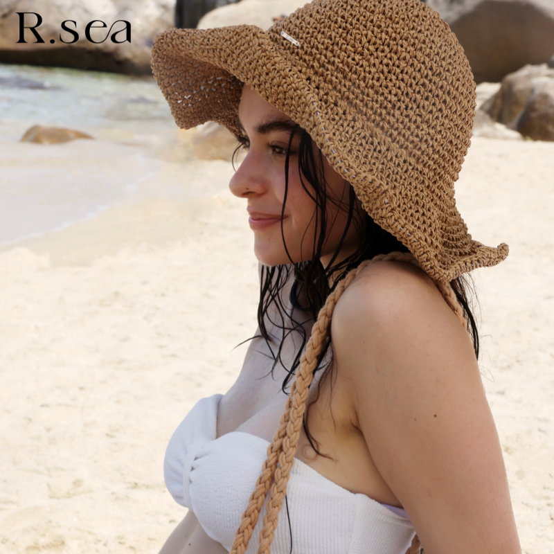 Rsea大帽檐可折叠草帽手工编织海边遮阳太阳帽