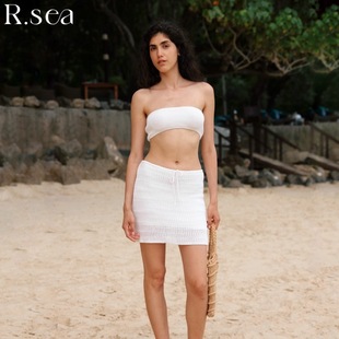 R·sea度假风针织抹胸半裙海边沙滩白色包臀短裙套装