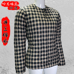 吟龙鸣凤格子圆领女士内穿手工纯棉花棉衣 修身保暖弹力 长袖盘扣