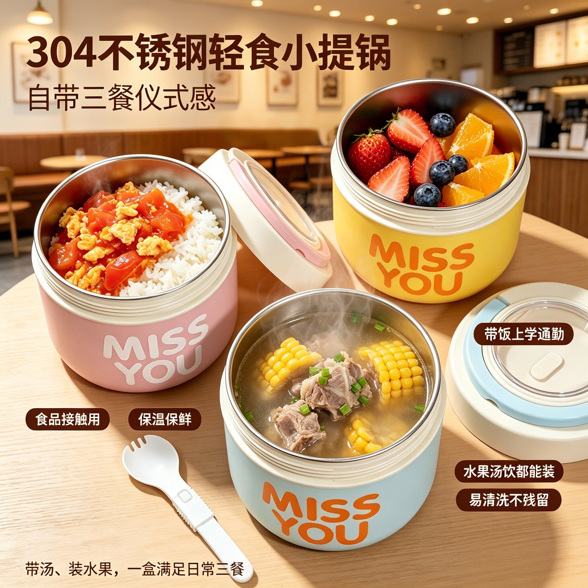 304不锈钢820ml圆形ins轻食小提锅可微波炉学生上班族便携便当盒