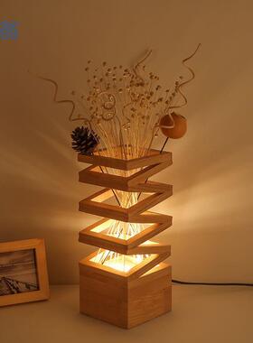 2024跨境爆款正方形几何原木插花LED台灯卧室床头客厅书房