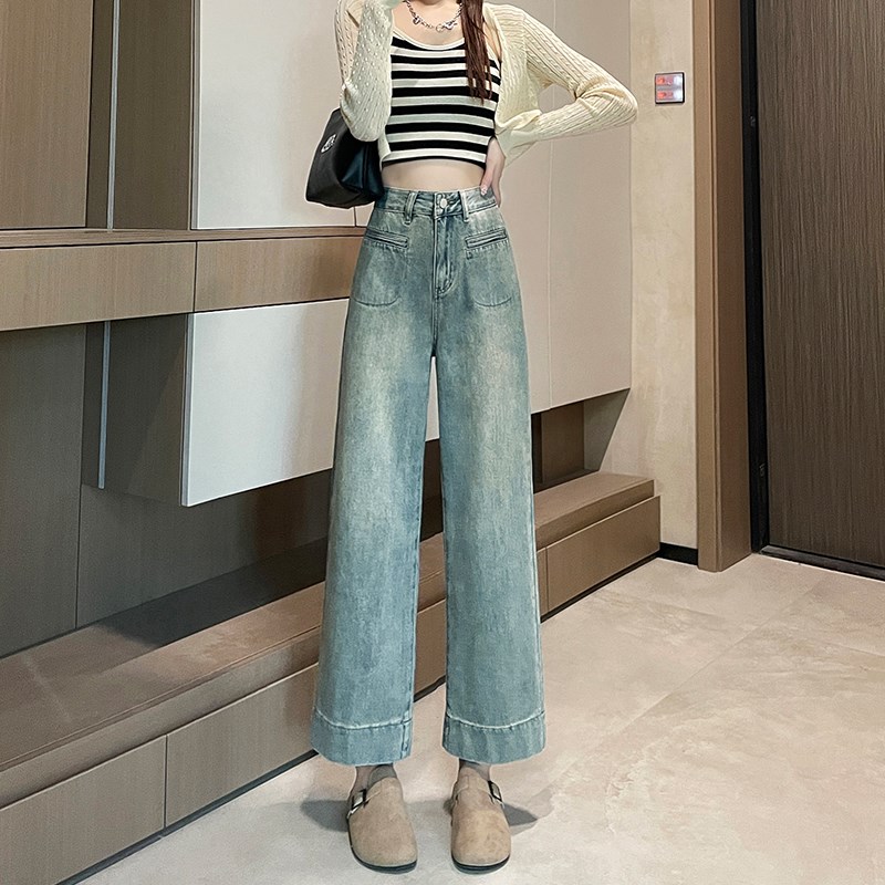 浅色复古窄版直筒牛仔裤女春夏季高腰显瘦小个子九分Y设计感阔腿