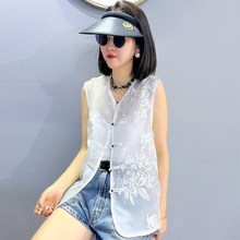 白色国风新中式女装刺绣马甲开z衫夏季新款雪纺盘扣上衣外搭汉服