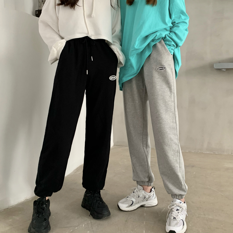 胖mm灰色运动裤女宽松大码显瘦女裤新款2I021爆款纯棉束脚休闲卫