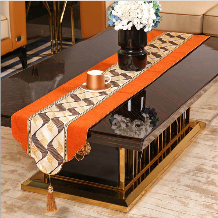 外贸美式乡村北欧几何轻奢简约橘色样板房餐桌旗桌布巾茶几布桌垫
