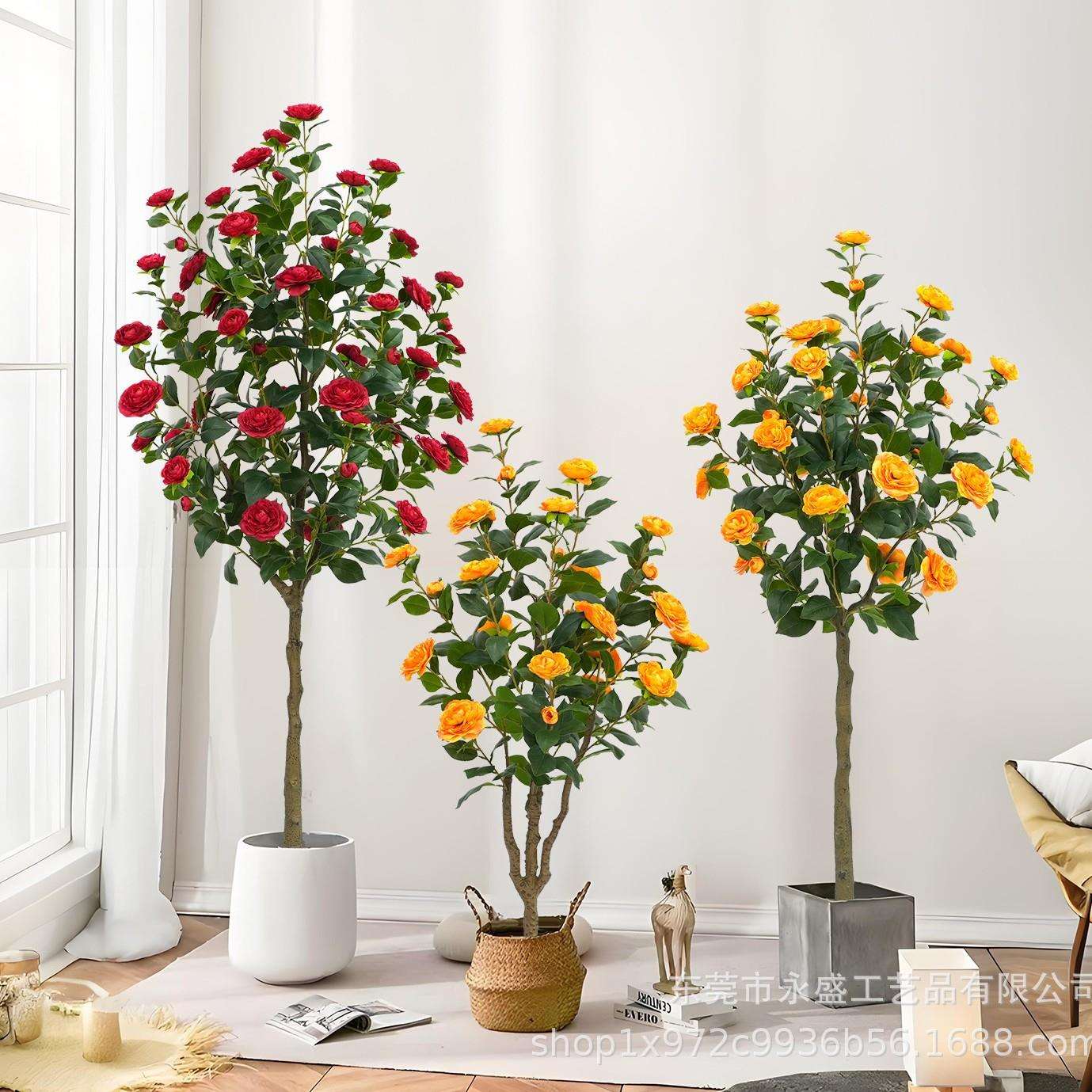 跨境高级绿植仿真山茶花树室内摆件装饰客厅人造花玫瑰盆栽植物