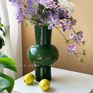 中古极简复古绿色大肚琉璃花瓶客厅高级感玻璃插花器桌面装饰摆件