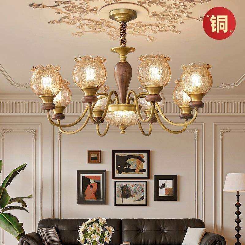 美式复古铜本色客厅实木吊灯法式中古风餐厅创意花朵玻璃裂纹灯罩,电子元器件市场,其它元器件,淘宝优惠券,粉丝福利购,淘宝优惠卷