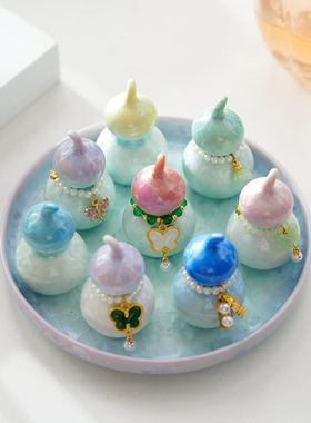 窑变结晶釉小清新粉青渐变茶宠高颜值陶瓷家用小葫芦茶道摆件