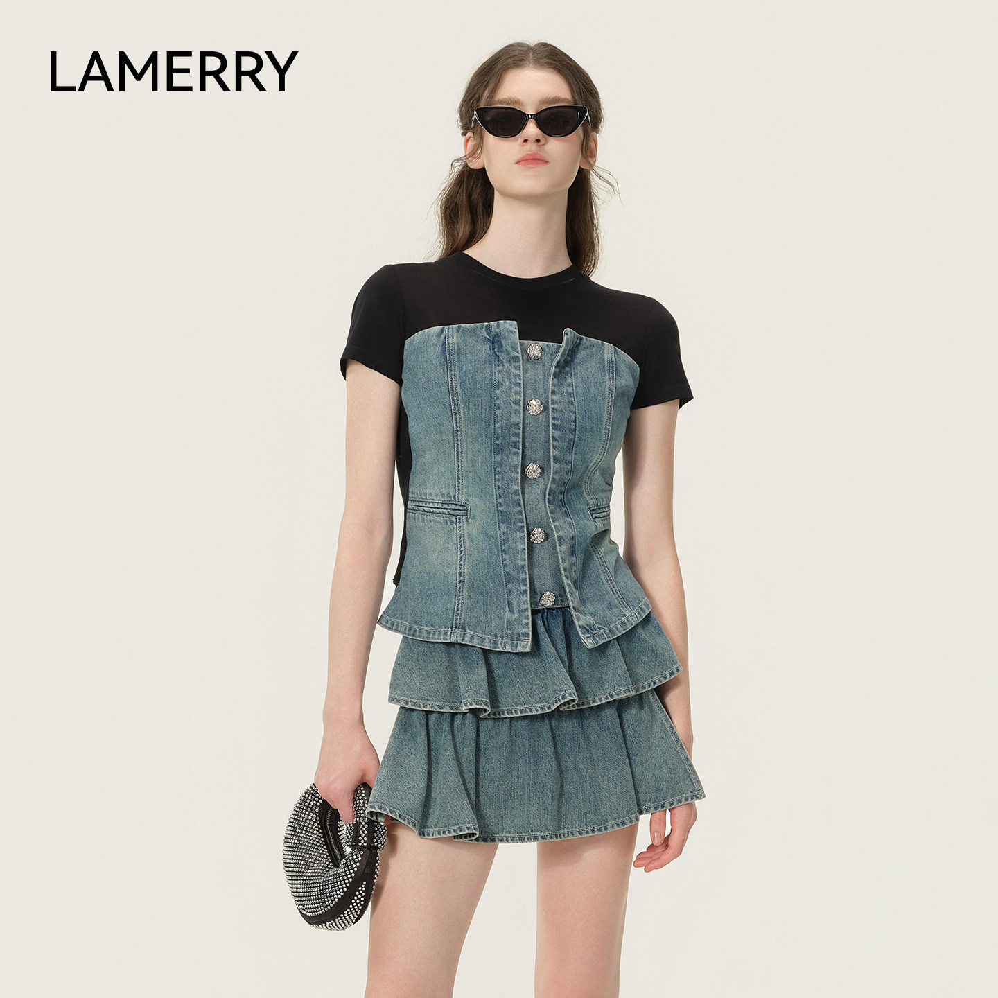 LAMERRY/朗美睿26夏黑色假两件牛仔上衣拼接设计收腰显瘦甜酷复古