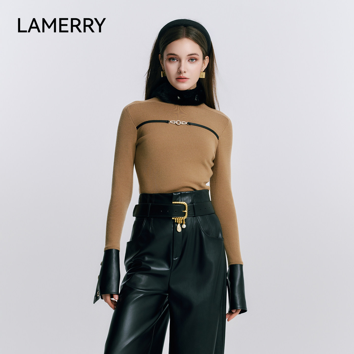 LAMERRY/朗美睿卡其色修身羊毛打底衫高领保暖吸湿透气25秋冬新款