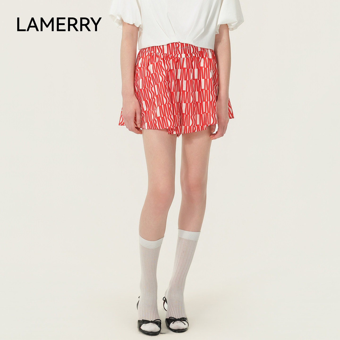 LAMERRY/朗美睿26夏红白花色短裤波浪边裙裤中腰褶皱亲肤里衬显瘦图片
