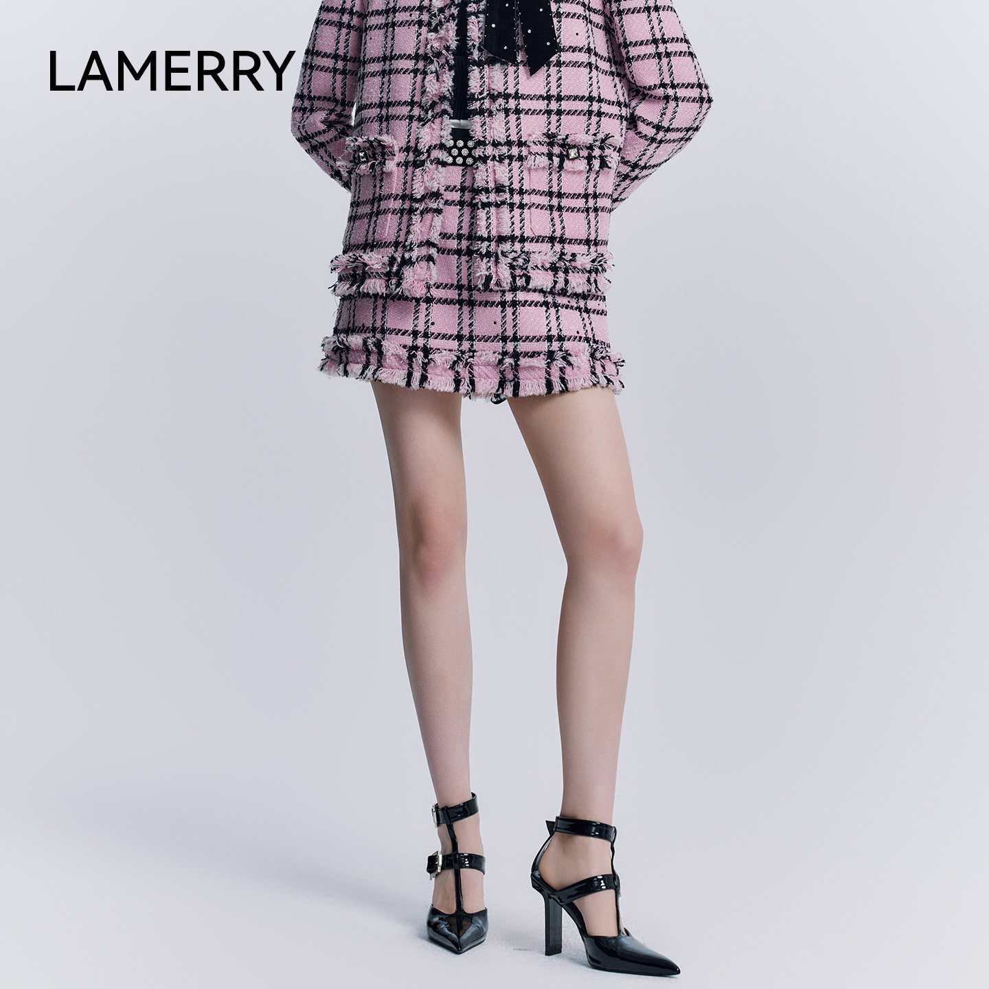LAMERRY/朗美睿粉黑格子毛边裙