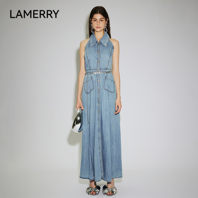 LAMERRY/朗美睿牛仔蓝色单排扣连衣裙休闲百搭时尚2025夏季新品