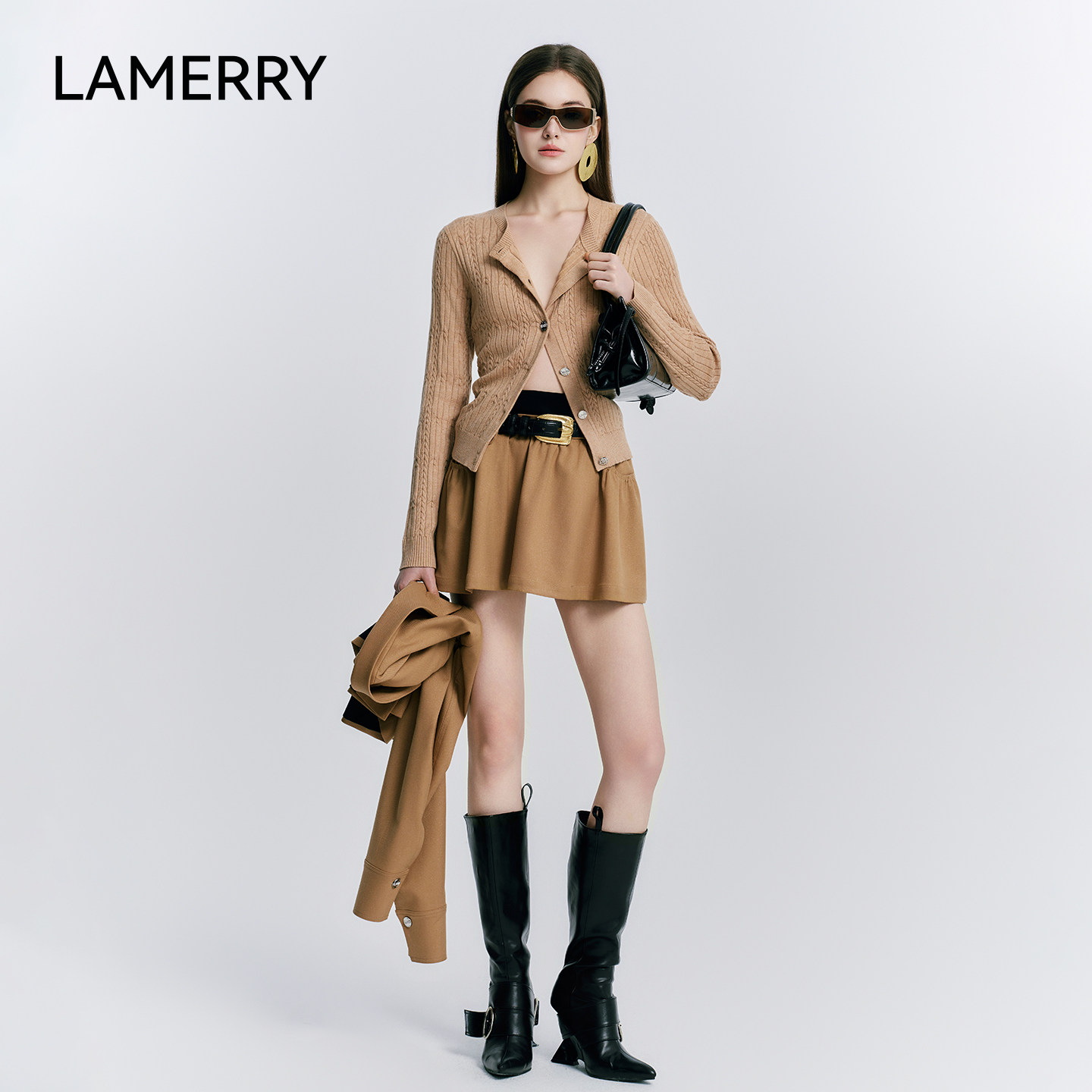LAMERRY/朗美睿卡其色修身针织开衫女外搭镂空复古肌理感简约优雅