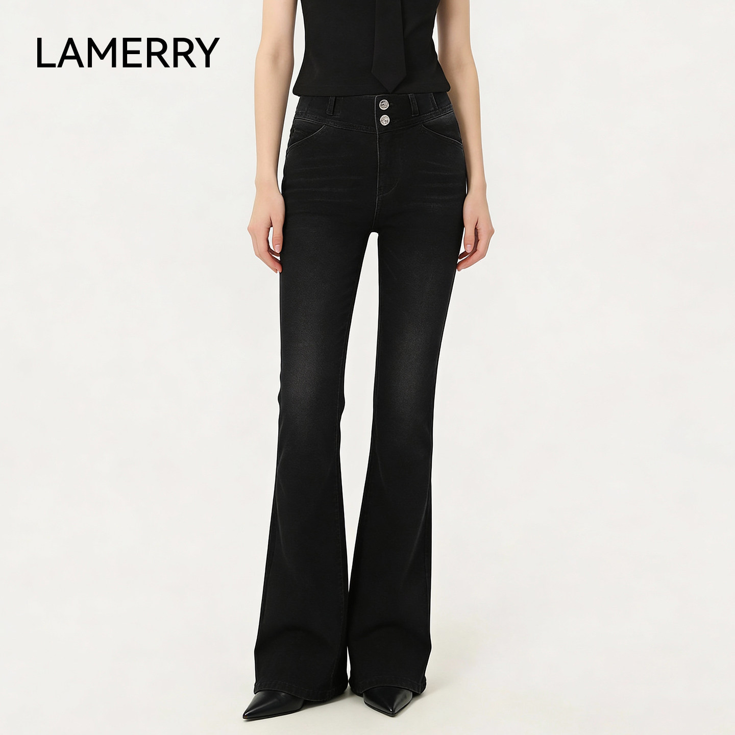 LAMERRY/朗美睿26春复古喇叭牛仔长裤高腰鸭掌裤脚黑色微紧身百搭,女装/女士精品,牛仔裤,淘宝优惠券,粉丝福利购,淘宝优惠卷