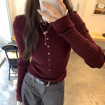 红色羊毛针织内搭打底衫女春夏毛衣高级感洋气独特别致T恤上衣潮