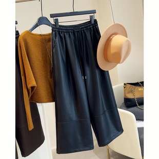 黑色皮裤女2025秋冬季新款宽松休闲七分直筒阔腿裤八分老钱风裤子