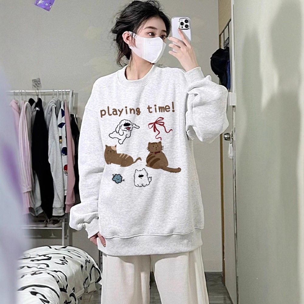 曾小咸 韩系刺绣无帽圆领卫衣女秋冬宽松慵懒风长袖上衣加绒加厚