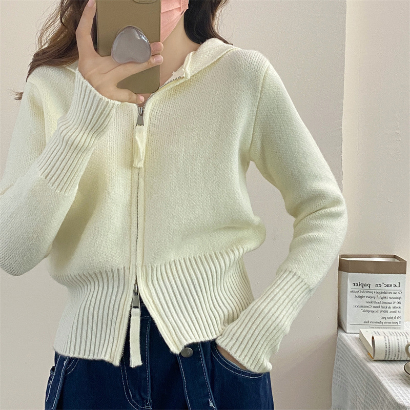 灰色连帽卫衣女宽松外穿毛衣开衫外套短款内搭针织衫加厚洋气百搭