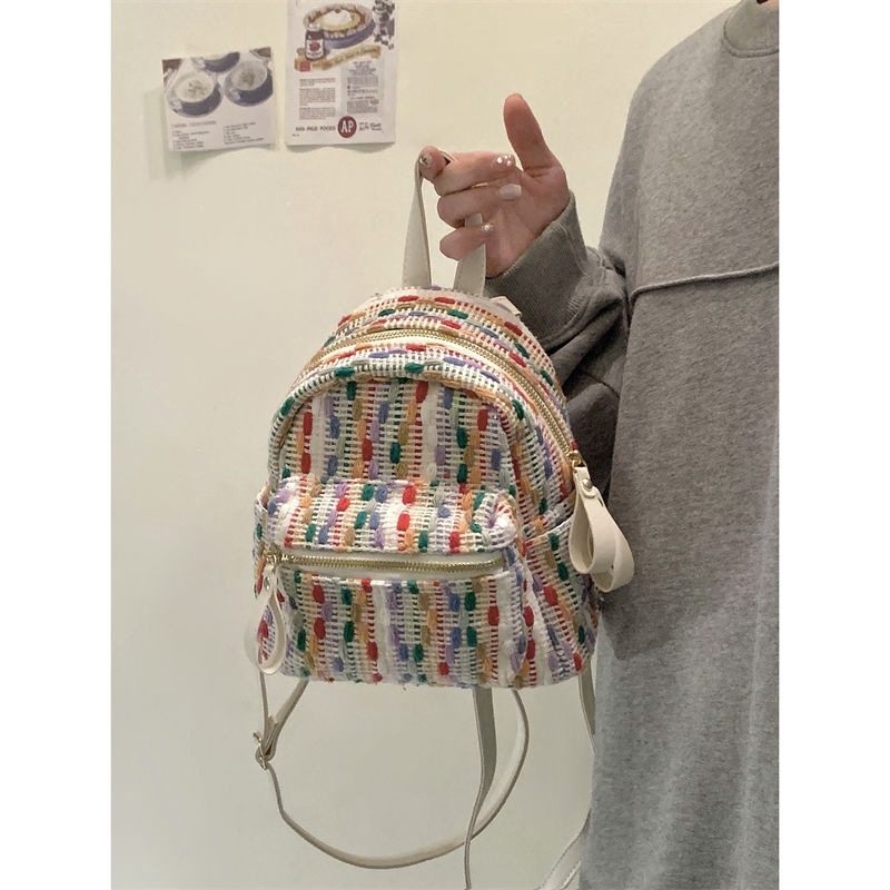 彩虹针织网红双肩包春夏新款感小众旅行背包时尚迷你小包