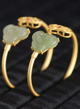 碧玉手镯女如意祥云古风汉服开口玉镯子鎏金送老师妈妈的礼物首饰