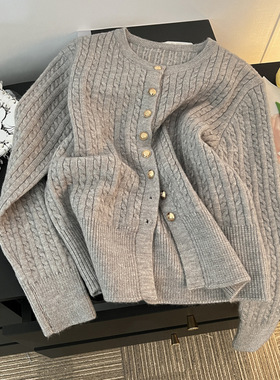 实拍灰色高级感毛衣外套女秋冬2024新款慵懒风加厚针织开衫上衣