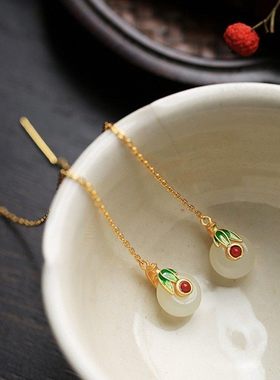 古法金感和田玉如意耳线女2023年新款小众设计感流苏耳饰耳环