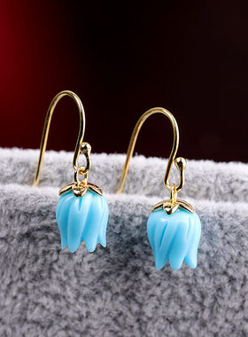 春花绿松石纯银女夏款复古蓝色花朵耳环耳饰耳坠耳钉气质大气